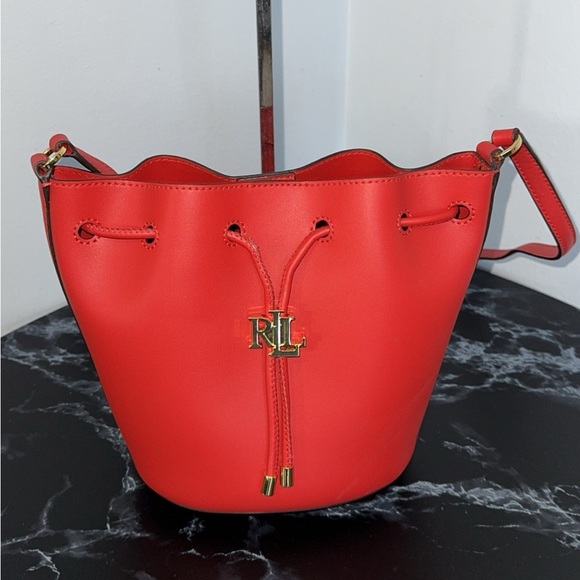 LAUREN RALPH LAUREN Andie Medium Leather Red Drawstring Bag AUTHENTIC - Picture 2 of 11